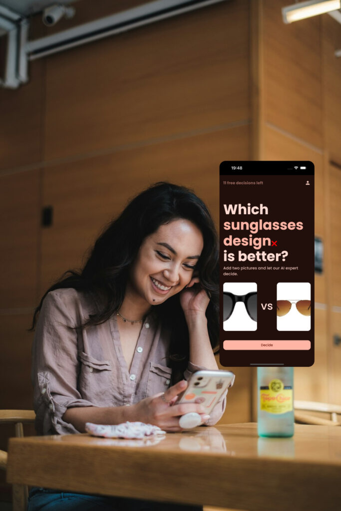 happy successful woman using which is better ai decision making app to decide which pair of sunglasses to get.